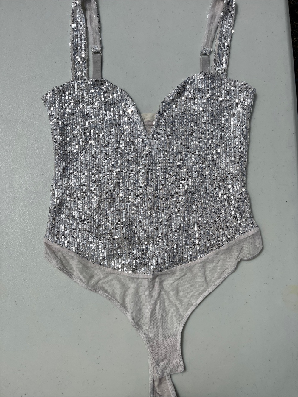 FREE PEOPLE Silver Sequin Women’s One-Piece Bodysuit